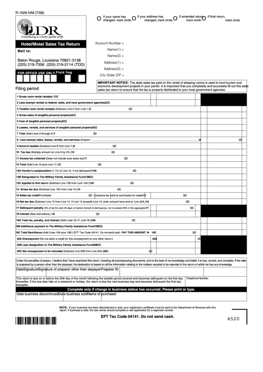 Fillable Form R-1029 Hm - Hotel/motel Sales Tax Return Printable pdf
