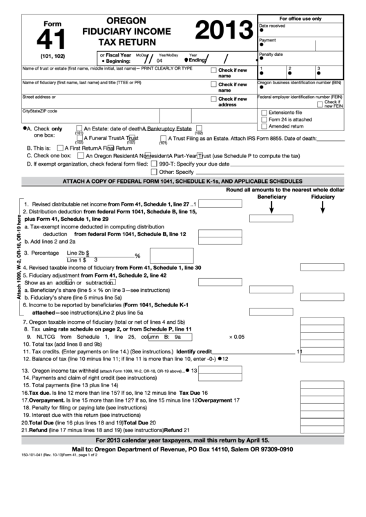 Form 41 - Oregon Fiduciary Income Tax Return - 2013 Printable pdf