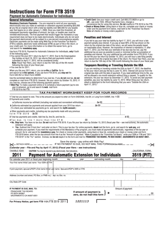 Fillable California Form 3519 (Pit) - Payment For Automatic Extension For Individuals - 2011 Printable pdf