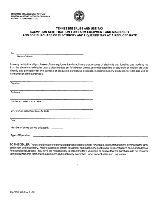 Form Rv-F1302901 - Exemption Certification For Farm Equipment And Machinery And For Purchase Of Electricity And Liquefied Gas At A Reduced Rate - Tennessee Department Of Revenue Printable pdf
