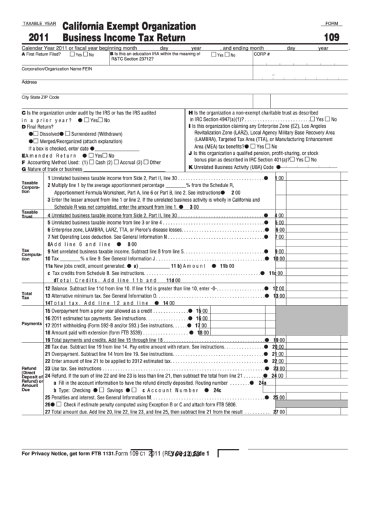 Fillable Form 109 - California Exempt Organization Business Income Tax Return - 2011 Printable pdf