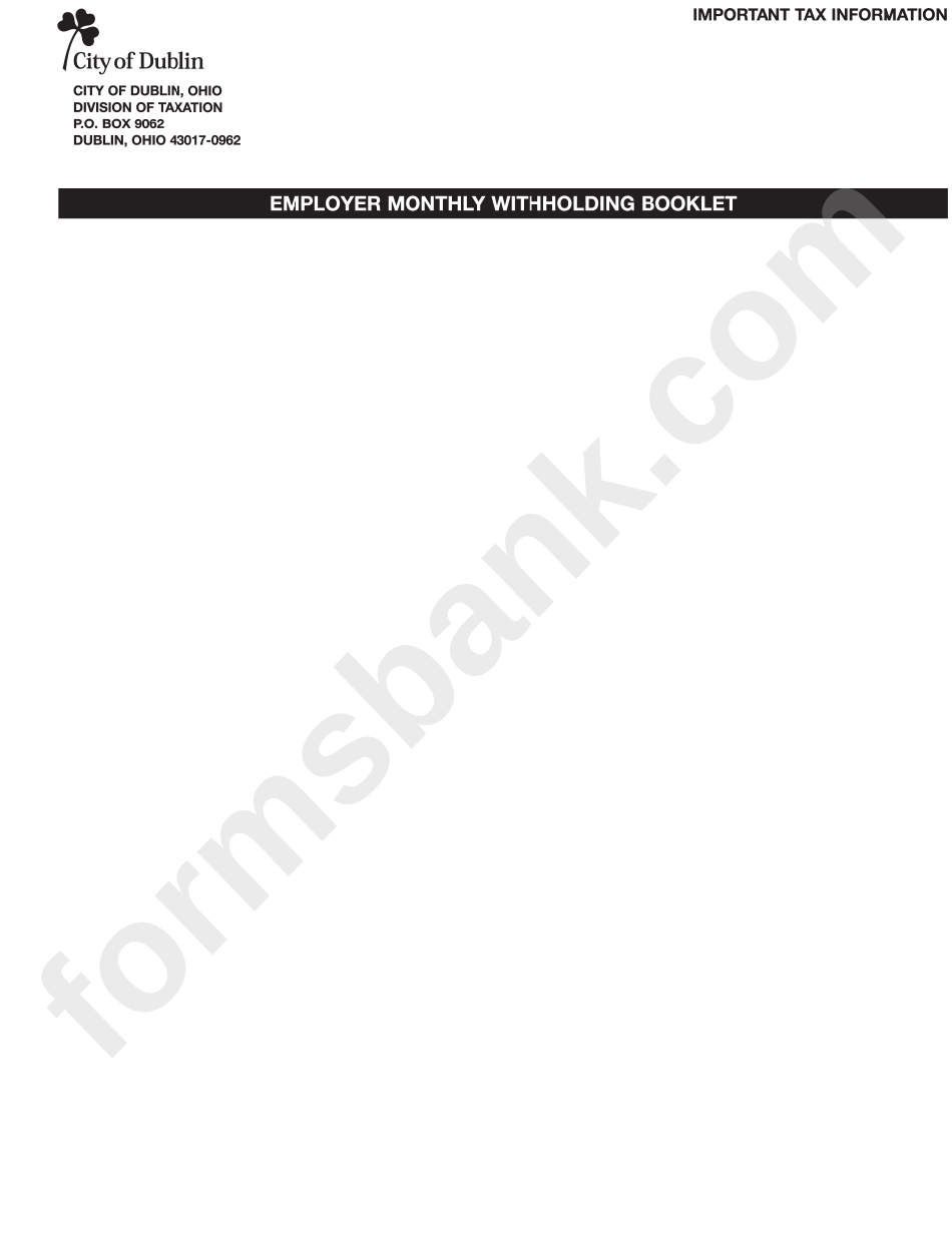 Fillable Employer'S Monthly Return Of Tax Withheld City Of Dublin printable pdf download