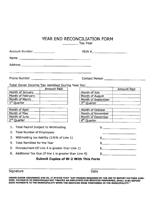 Year End Reconciliation Form Printable pdf