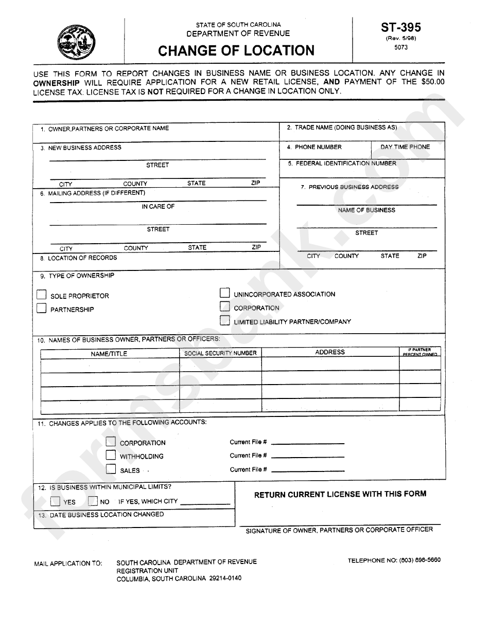 Form St-395 - Change Of Location - South Carolina Department Of Revenue