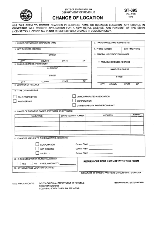 Form St-395 - Change Of Location - South Carolina Department Of Revenue Printable pdf