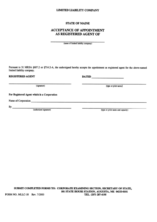 Form Mllc-18 - Acceptance Of Appointment As Registered Agent - Limited Liability Company - State Of Maine Printable pdf
