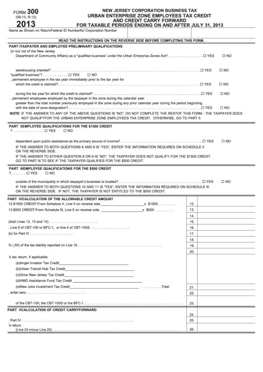 Form 300 - Urban Enterprise Zone Employees Tax Credit And Credit Carry Forward - 2013 Printable pdf