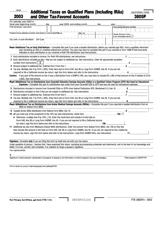 California Form 3805p - Additional Taxes On Qualified Plans (Including Iras) And Other Tax-Favored Accounts - 2003 Printable pdf