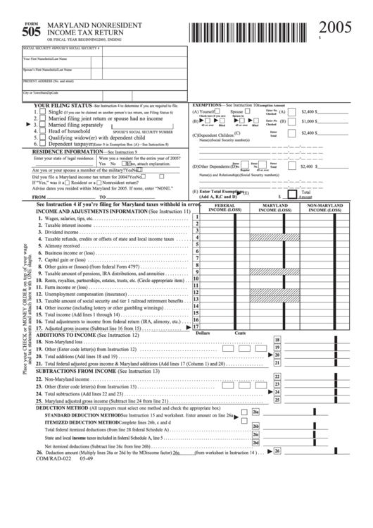 Fillable Form 505 - Maryland Nonresident Income Tax Return - 2005 Printable pdf