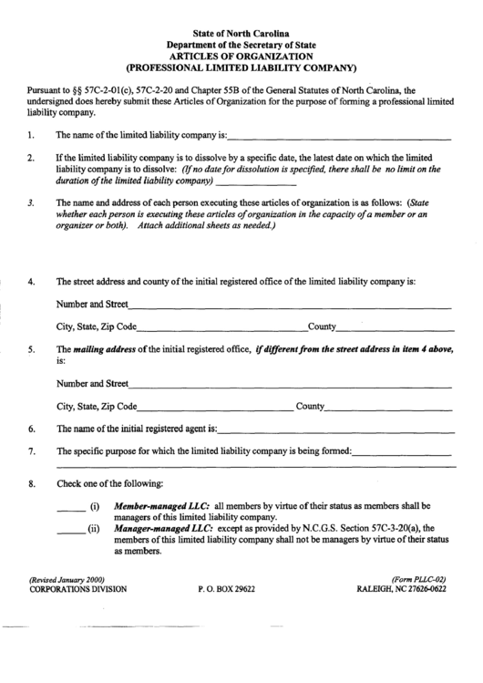 Form Pllc-02 - Articles Of Organization For A Professional Limited Liability Company - North Carolina Secretary Of State Printable pdf
