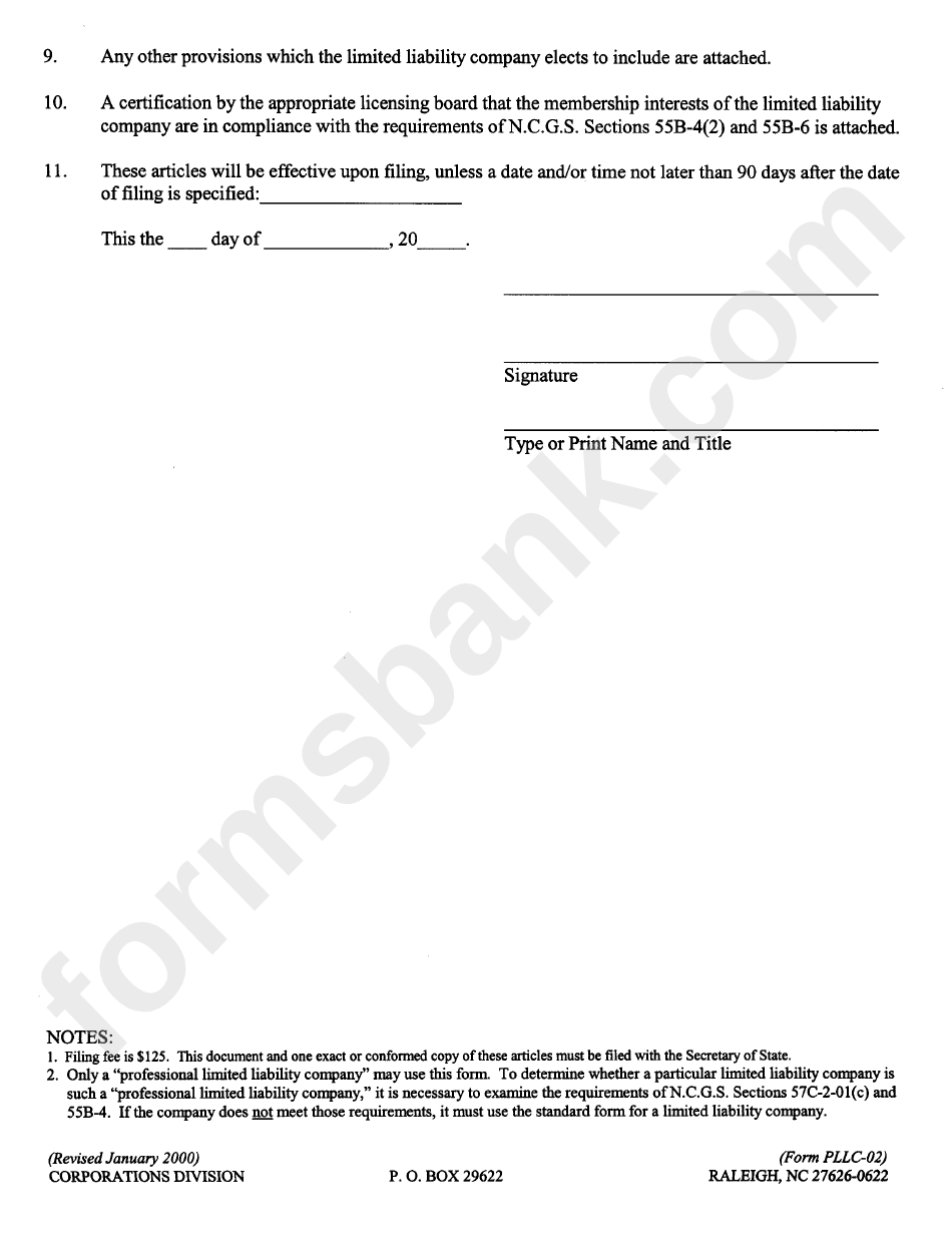 Form Pllc-02 - Articles Of Organization For A Professional Limited Liability Company - North Carolina Secretary Of State