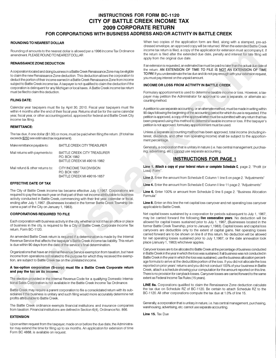 Instructions For Form Dc-1120 - Income Tax Corporate Return - City Of Battle Creek - 2009