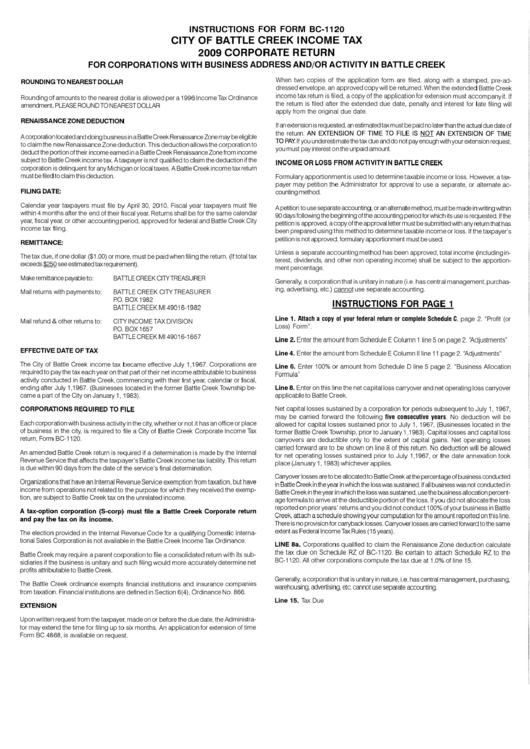 Instructions For Form Dc-1120 - Income Tax Corporate Return - City Of Battle Creek - 2009 Printable pdf