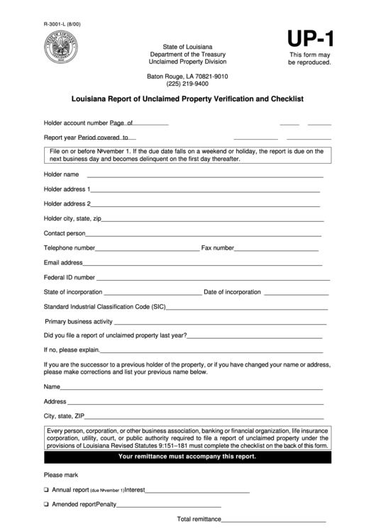 Form Up-1 - Louisiana Report Of Unclaimed Property Verification And Checklist - 2000 Printable pdf