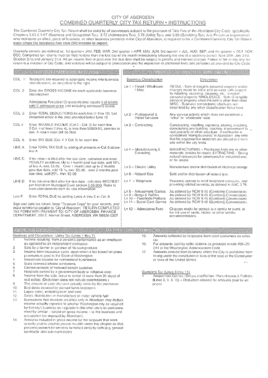 Instructions For Combined Quarterly City Tax Return - City Of Aberdeen Printable pdf
