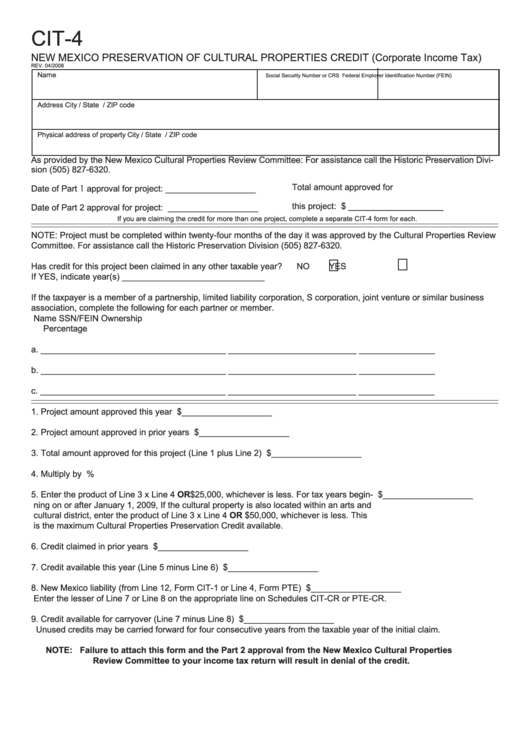 Form Cit-4 - New Mexico Preservation Of Cultural Properties Credit Printable pdf
