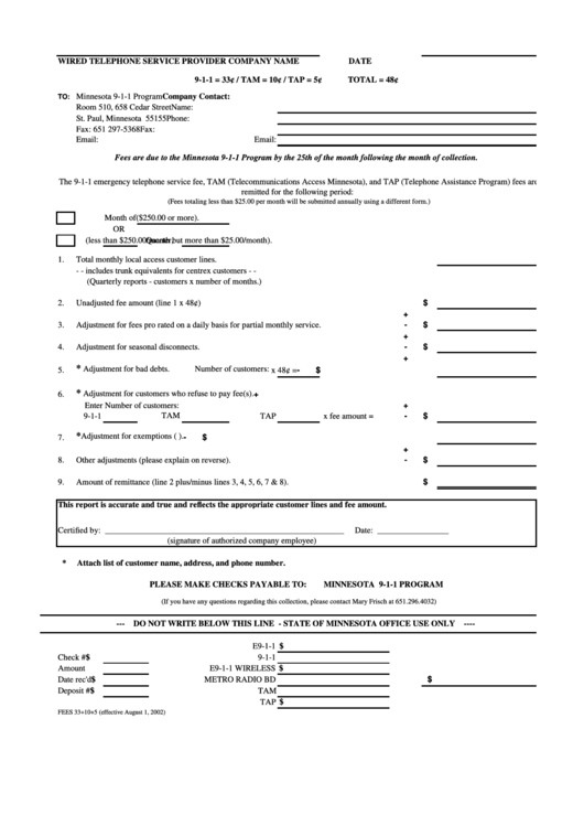 Fees 33+10+5 - Minnesota 9-1-1 Program Form Printable pdf