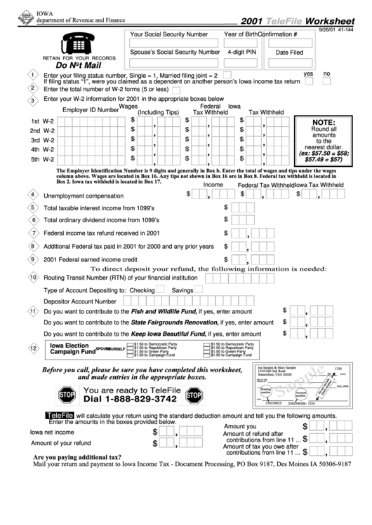 Form 41-144 - Telefile Worksheet - Iowa Department Of Revenue, 2001 Printable pdf