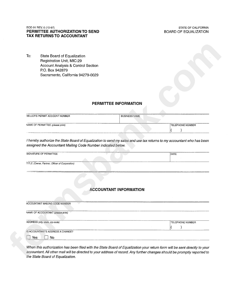 Form Boe-91 - Permittee Authorization To Send Tax Returns To Accountant - California Board Of Equalization