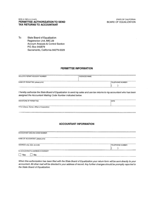 Form Boe-91 - Permittee Authorization To Send Tax Returns To Accountant - California Board Of Equalization Printable pdf