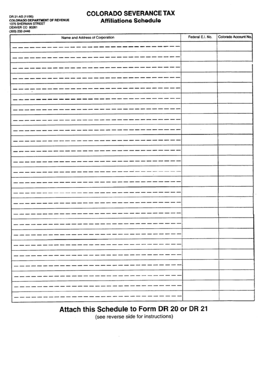 Fillable Form Dr 21-As - Colorado Severance Tax - Affiliations Schedule Printable pdf