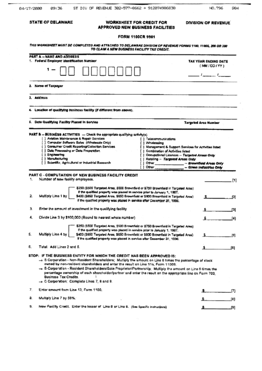 Form 1100cr - Worksheet For Credit For Approved New Business Facilities - State Of Delaware Printable pdf