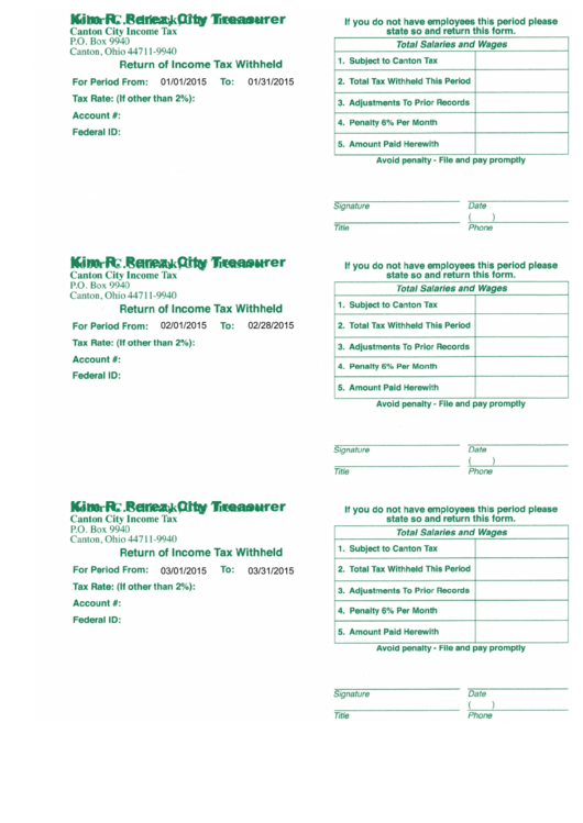 Monthly And Bimonthly Return Of Income Tax Withheld - City Of Canton Printable pdf