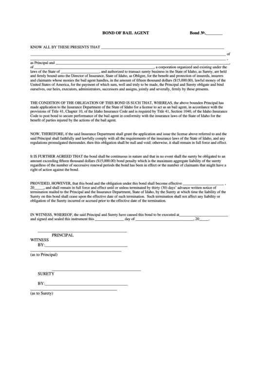 Bond Of Bail Agent Template Printable pdf