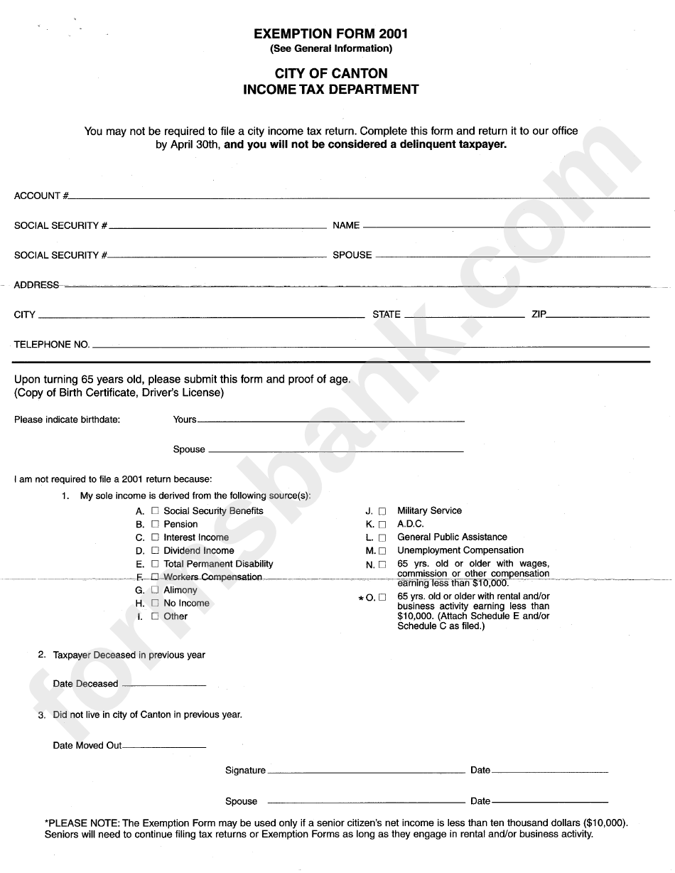 Exemption Form - City Of Canton - 2001
