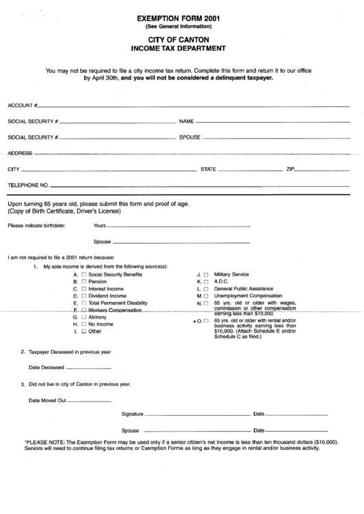 Exemption Form - City Of Canton - 2001 Printable pdf