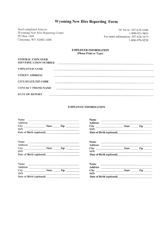 Wyoming New Hire Reporting Form Printable pdf