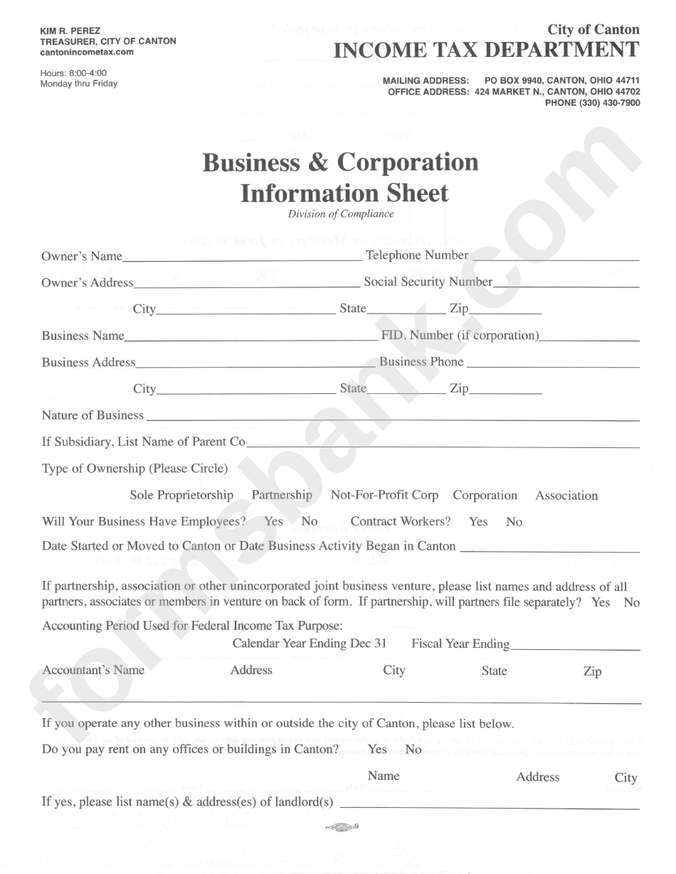 Business And Corporation Information Sheet - City Of Canton