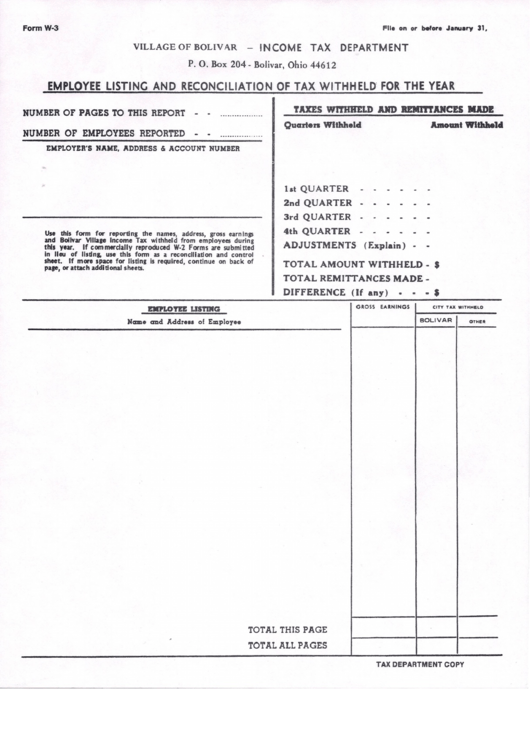 Form W-3 - Employee Listing And Reconciliation Of Tax Withheld For The Year - Village Of Bolivar Printable pdf