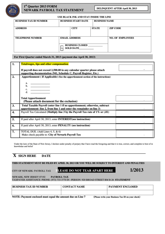 Quarterly Payroll Tax Statement Form - City Of Newark - 2013 Printable pdf