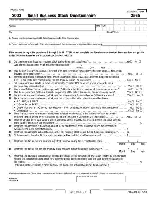California Form 3565 - Small Business Stock Questionnaire - 2003 Printable pdf
