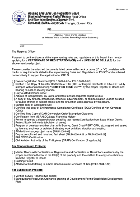 Fillable Application For A Certificate Of Registration (Cr) And A License To Sell (Ls) - Davao City Printable pdf
