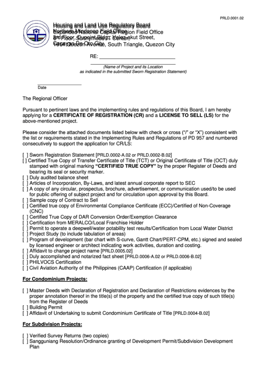 Fillable Application For A Certificate Of Registration (Cr) And A License To Sell (Ls) - Cagayan De Oro City Printable pdf