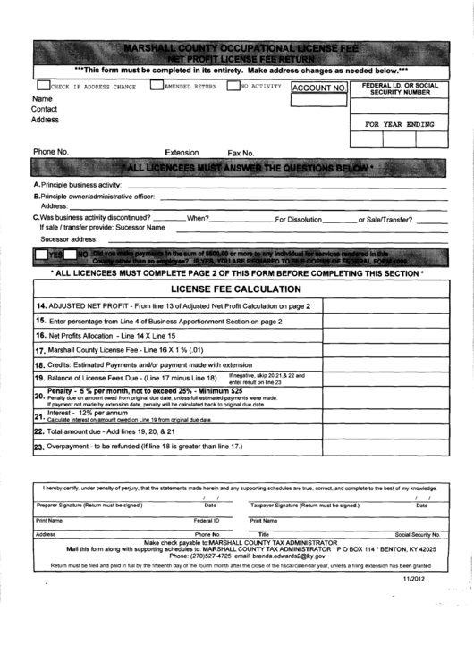 Net Profit License Fee Return Form - Marshall County Occupational License Fee Printable pdf