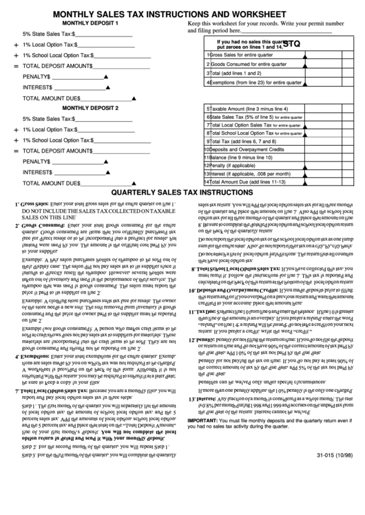 Form 31-015 - Monthly Sales Tax Instructions And Worksheet - 1998 Printable pdf