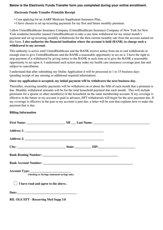 Fillable Electronic Funds Transfer Form - United Healthcare - New York Printable pdf