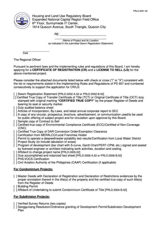 Fillable Application For A Certificate Of Registration (Cr) And A License To Sell (Ls) - Quezon City Printable pdf