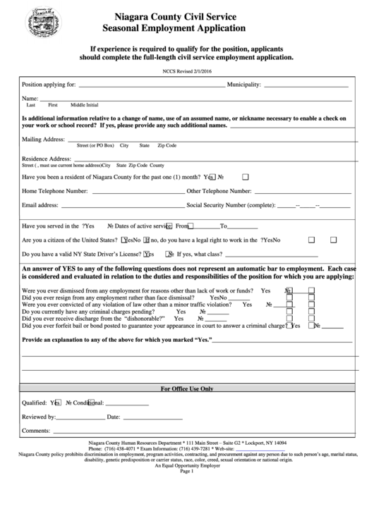 Seasonal Employment Application - Niagara County Civil Service Printable pdf