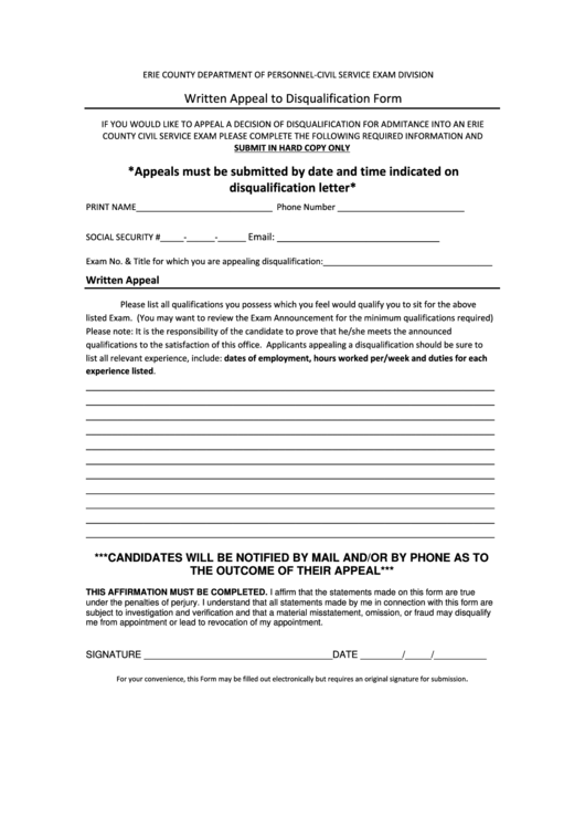 Fillable Written Appeal To Disqualification Form - Erie County Department Of Personnel Printable pdf