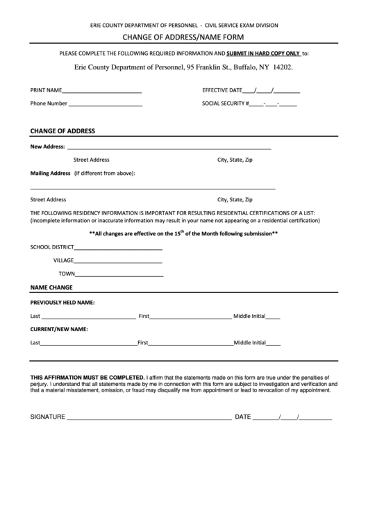 Fillable Change Of Address/name Form - Erie County Department Of Personnel Printable pdf