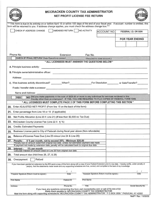 Net Profit License Fee Return Form - Mccracken County Tax Administrator Printable pdf