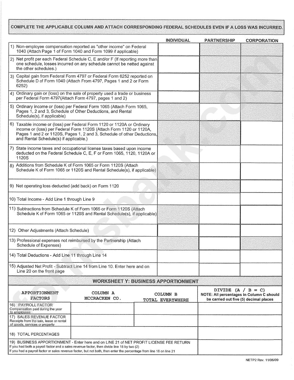 Net Profit License Fee Return Form - Mccracken County Tax Administrator