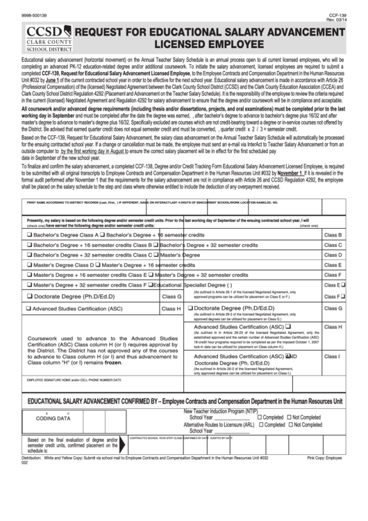 Fillable Form Ccf-139 - Request For Educational Salary Advancement Licensed Employee Printable pdf