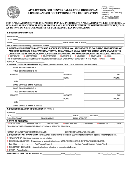 Application For Denver Sales, Use, Lodgers Tax License And/or Occupational Tax Registration/affidavit Form - City And County Of Denver Treasury Division Printable pdf