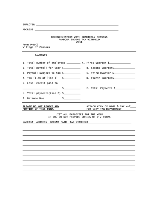 Form P-W-2 - Pandora Income Tax Return - Reconciliation With Quarterly Returns - Village Of Pandora Printable pdf