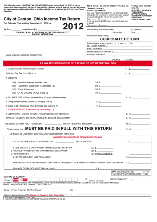 Ohio Income Tax Return - City Of Canton - 2012 Printable pdf
